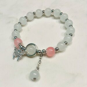 Elegant Beaded Crystal Bracelet with Silver Butterfly white and Pink Fashion